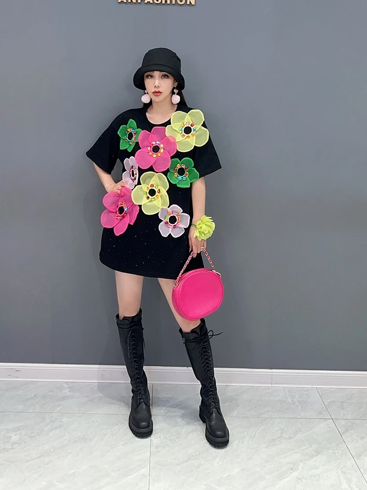 Vefadisa 2024 Summer Colorful 3D Flower T-shirt Women Base Fashion Women Wear Personalized Trendy Girl Top ZY4005