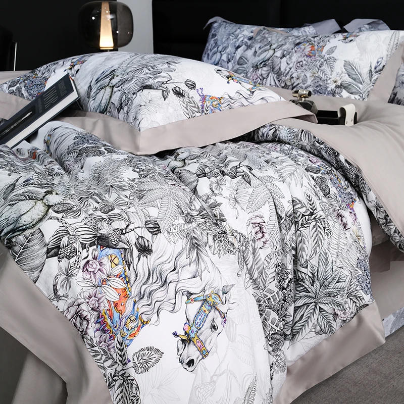 French Vintage Horse Bedding Set Luxury Forest Botanical Duvet Cover Set Nordic Style Bed Linen King Queen Size Soft Quilt Cover