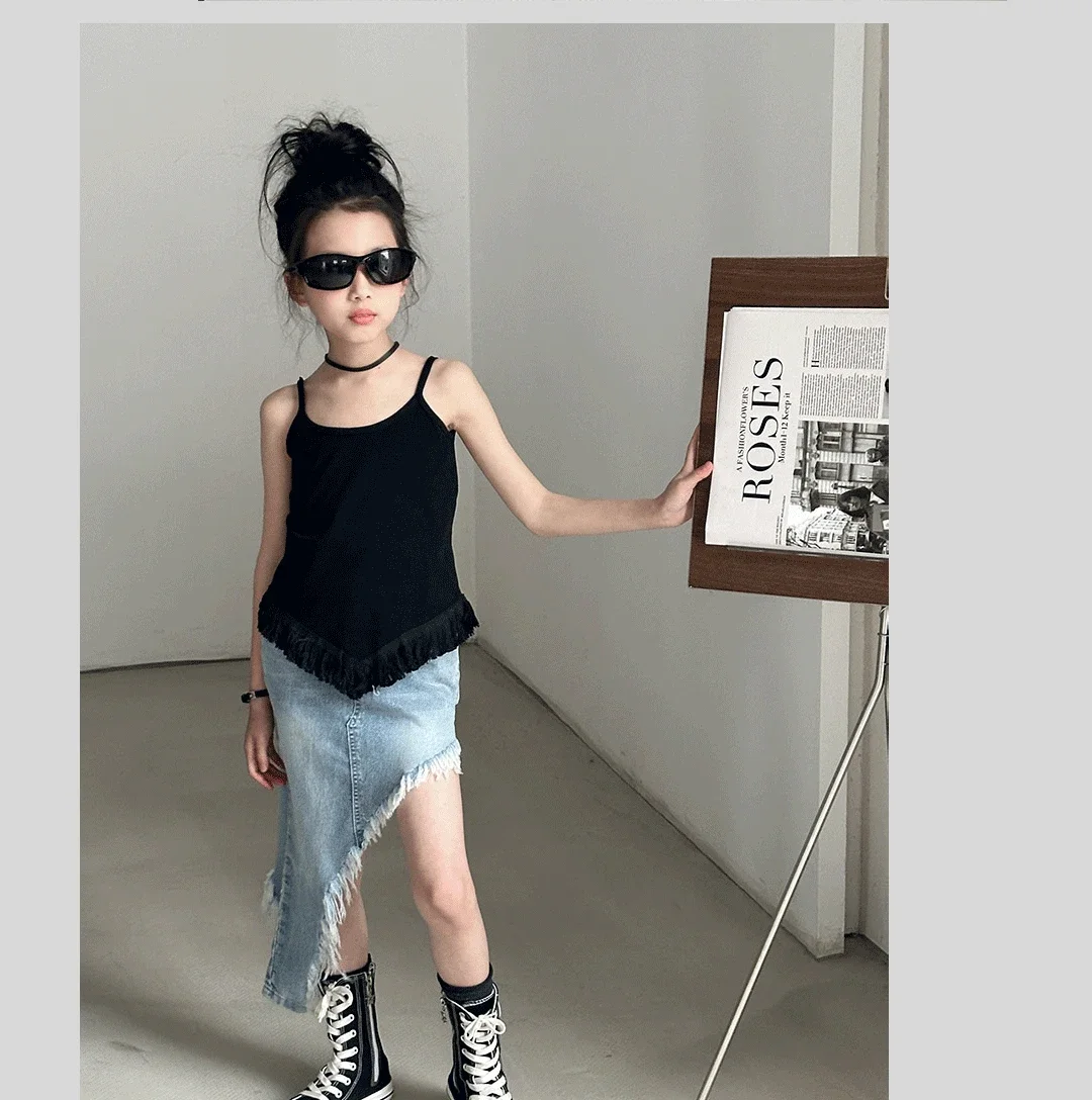 2026 Spring and Summer New Popular Personality Denim Diagonal Skirt for Girls Half Length Skirt Girls Fashion Denim Skirts