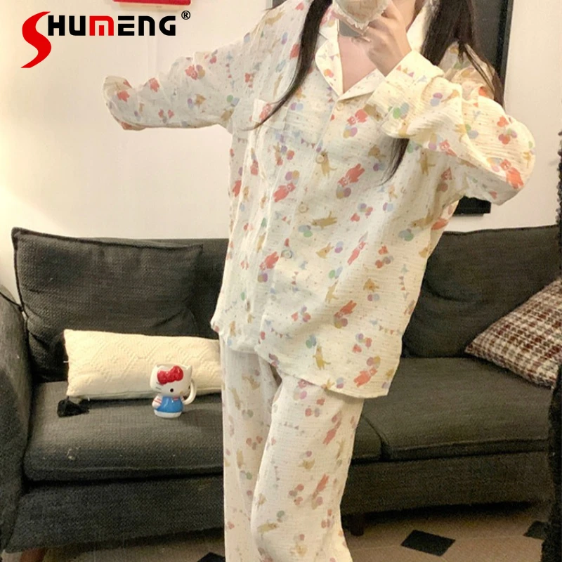 

Комплект женской пижамы с отложным воротником, длинными рукавами и брюками, с милым мультяшным медведем, из хлопковой марли, для весны и осени, уютные спальные костюмы