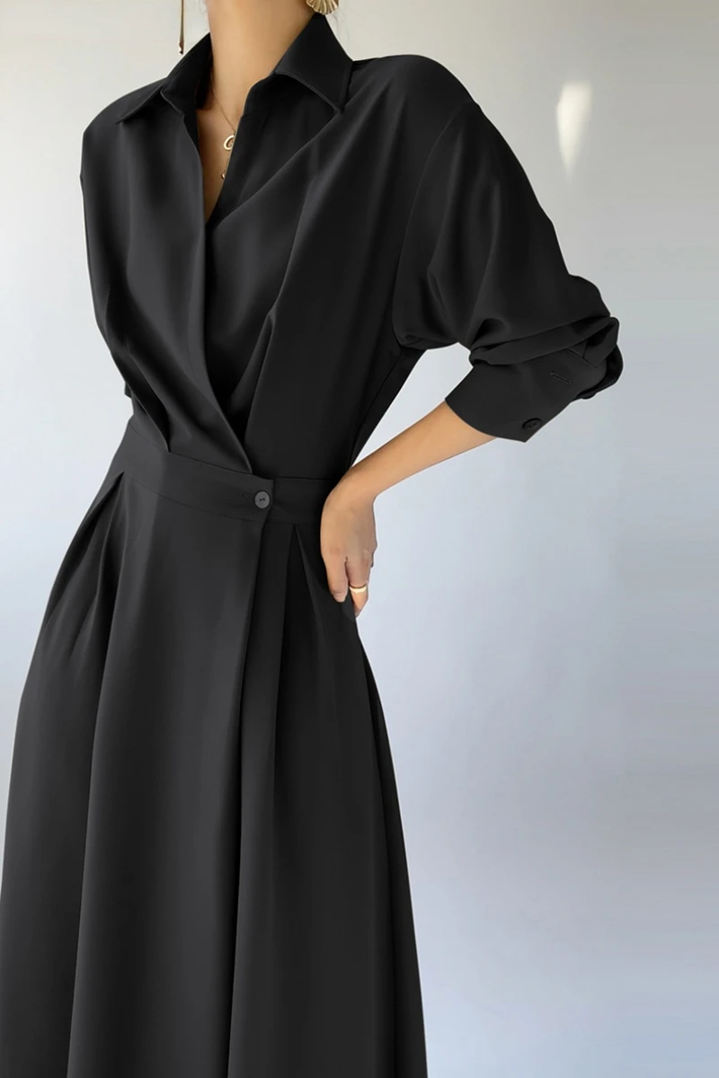 Damen Lässiges A-Linien-Midi-Shirt-Kleid mit langen Ärmeln, schlanke Taille, schwarz, Damen mode, Oberbekleidung, Frühling