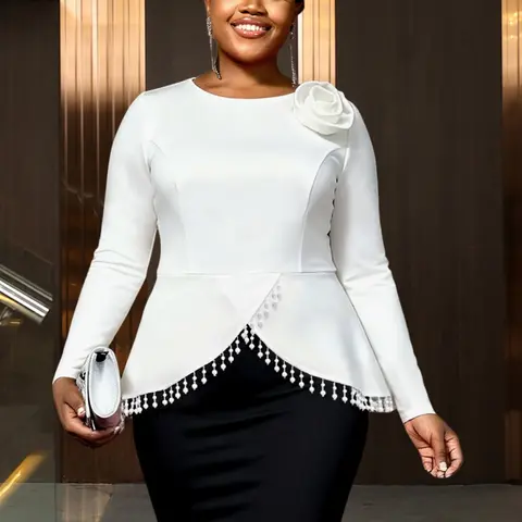 Elegant White Peplum Blouse O Neck Long Sleeves Asymmetrical Pearl Trim Hem 3D Flower Office Weddings Church Formal Occasions