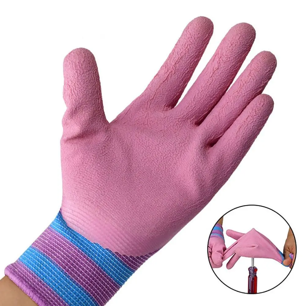 Durable Pink Working Gloves Nylon Latex Rubber Coated Glove 15 Needles Comfortable Protective Mittens Female