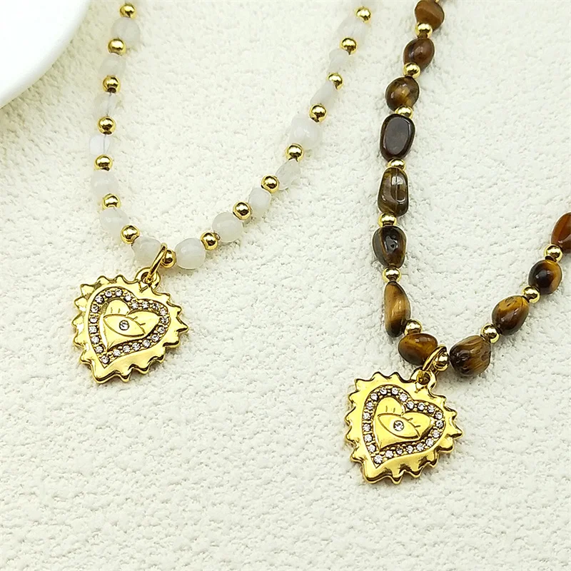 

Crystals Love Heart Evil Eye Choker Pendant Necklace For Women Men Stainless Steel Gold Color Tiger Eye Stone Chain Jewelry