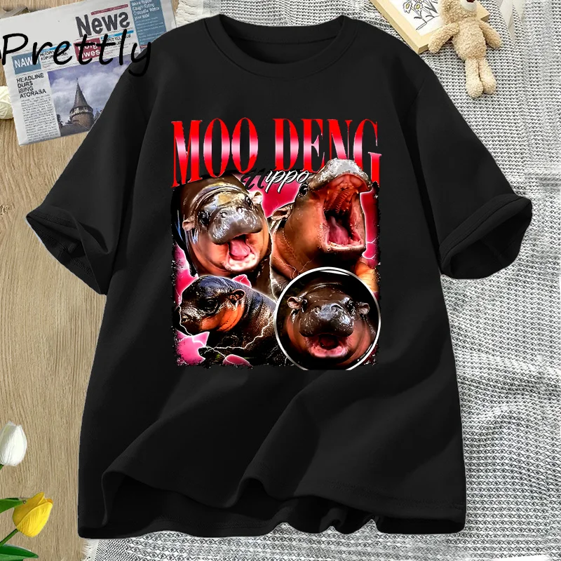 Moodeng Hippo T-shirt Women's Cute Animal Graphic Tees  Print T Shirt Short Sleeve Cotton Tees Tops Female Clothing