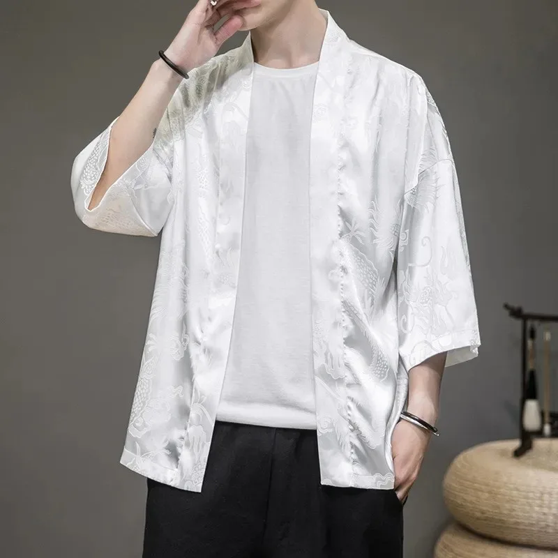 الرجال الساتان سترة والسراويل التنين طباعة قطعتين دعوى ملابس خارجية غير رسمية الذكور ثوب الكيمونو الياباني سترة السراويل فضفاضة الشارع الشهير M-5XL