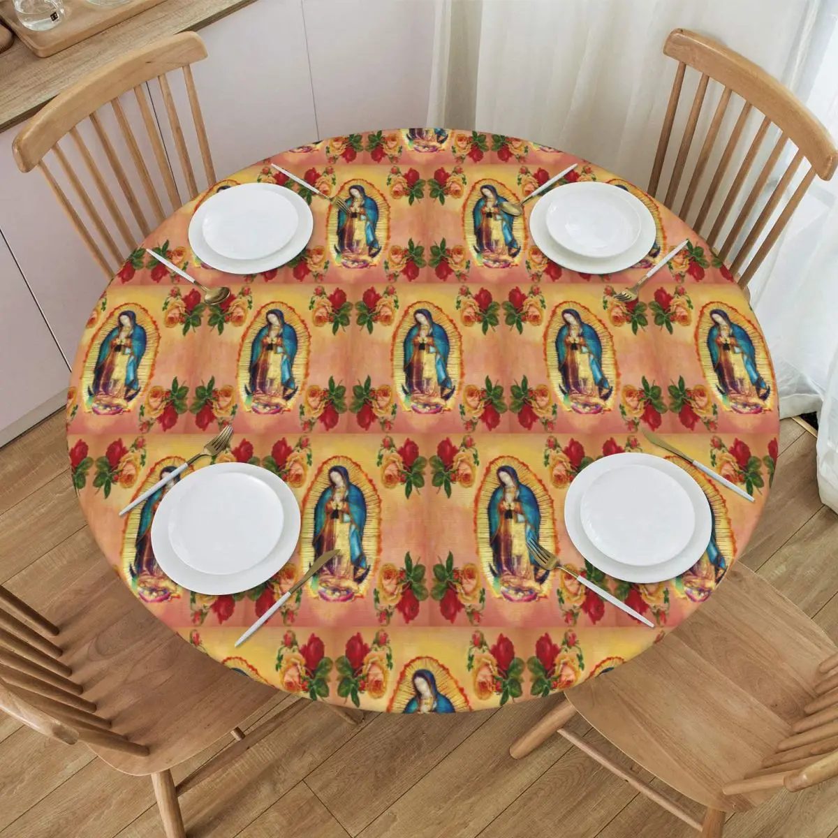 Our Lady Of Guadalupe Virgin Mary And Roses Waterproof Round Tablecloth Table Cloth for Kitchen Events Dining Table Cover