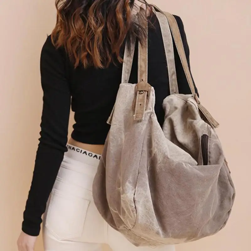 2023 New Vintage Travel Canvas Panel Leather Women's Bag Casual, Simple, Fashion, Large Capacity Commuter Shoulder Bag For Women