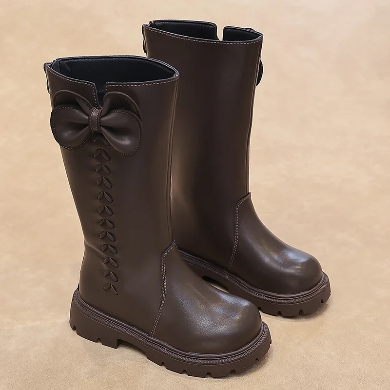 Girls Bow Mid‑Calf Leather Boots Kids Embossed Stitching Back Zipper Thick‑Sole Warm Winter Princess Boots