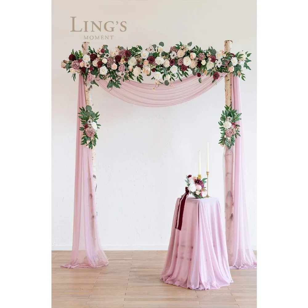 Artificial Wedding Arch Flowers Decorations with Sheer Drape Kit (Set of 3), Pink Wedding Ceremony Aobor Reception