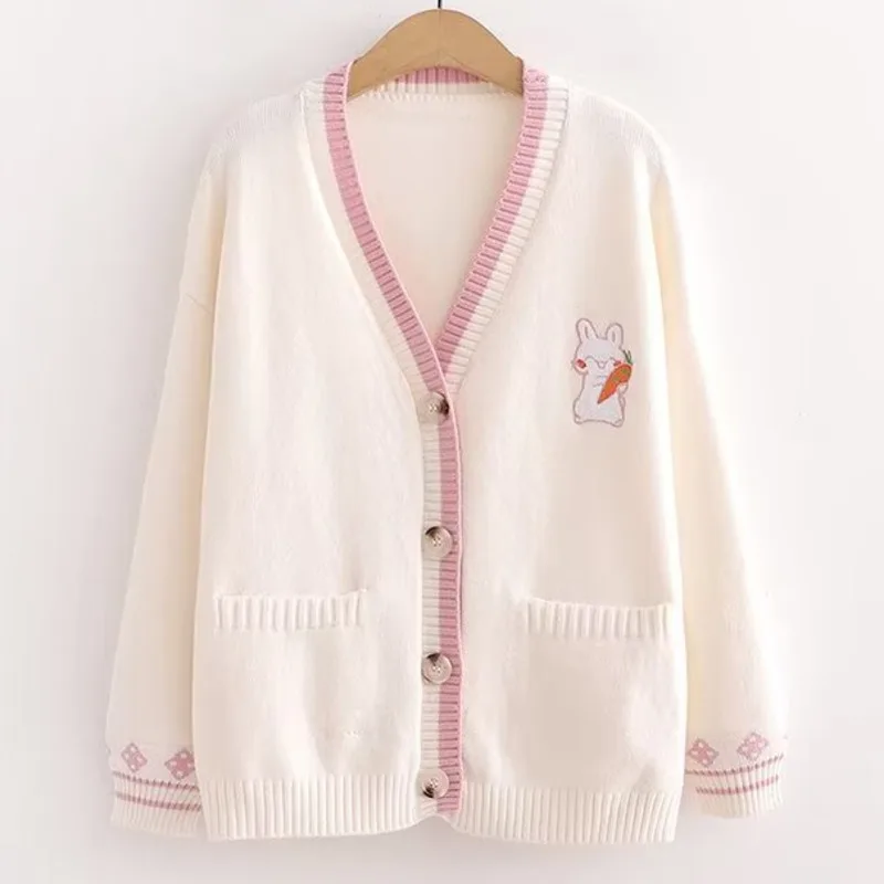 Rabbit Coat Y2K Mori Girl Style Casual Loose Solid Color Funny Cardigan V-Neck Sweater Button Coat Knitted Sweater Set Jeans New