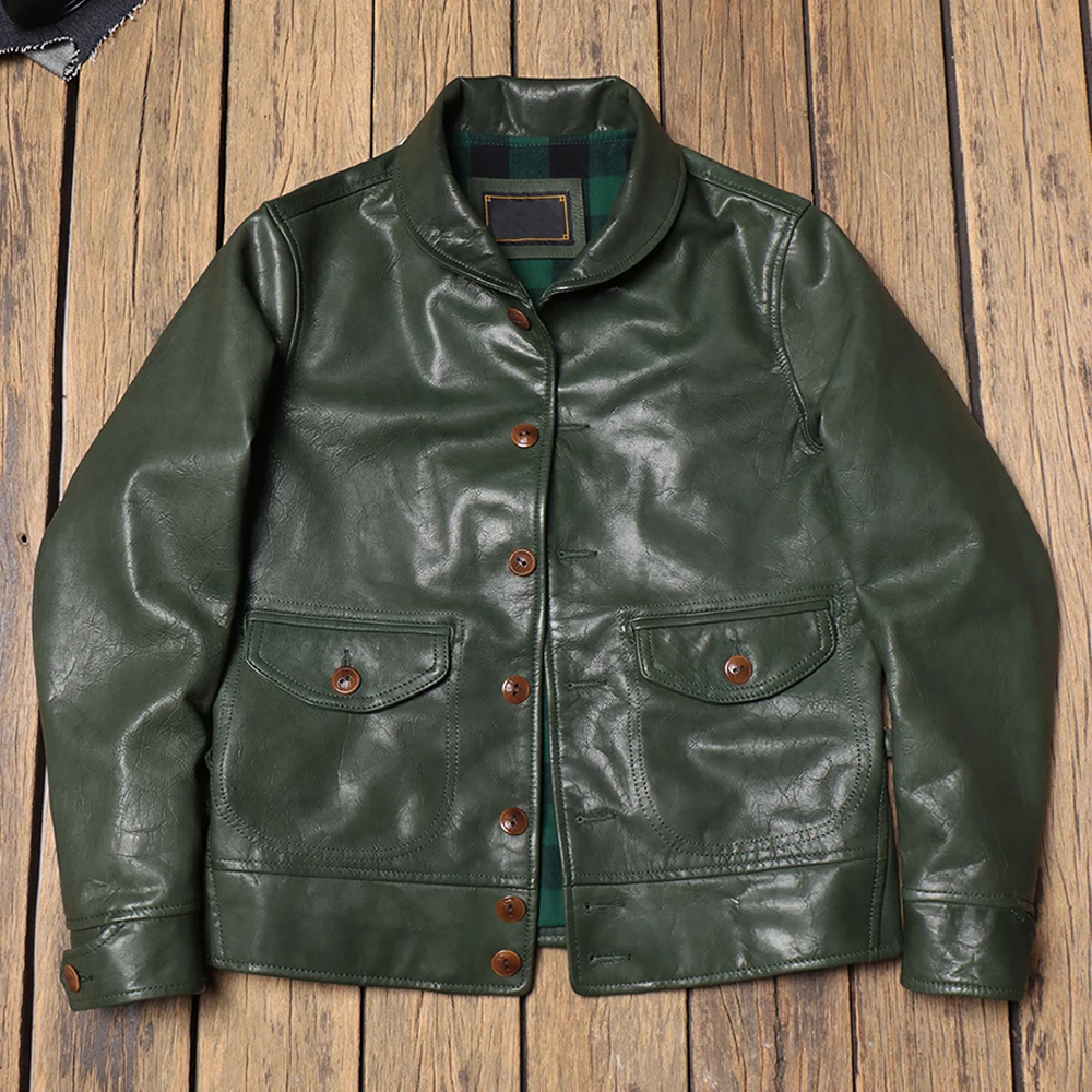 Real Goat Leather Man\'s Jacket Japanese Style Summer Slim Fit Short Coat Men\'s Genuine Leather Jackets Bomber Overcoat In Green