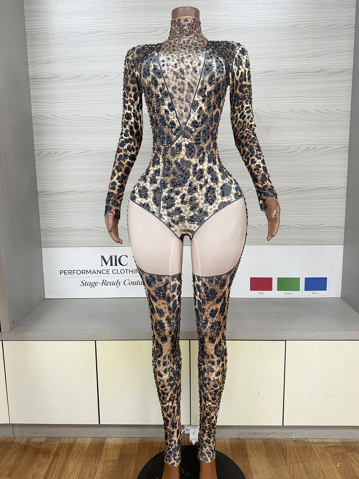 Sexy Leoparden-Strass-Bodycon-Jumpsuit für Damen, Stretch-Luxus-Showgirl-Outfit, Halloween-Party, Club, Nachtclub, Bühnenkostüm