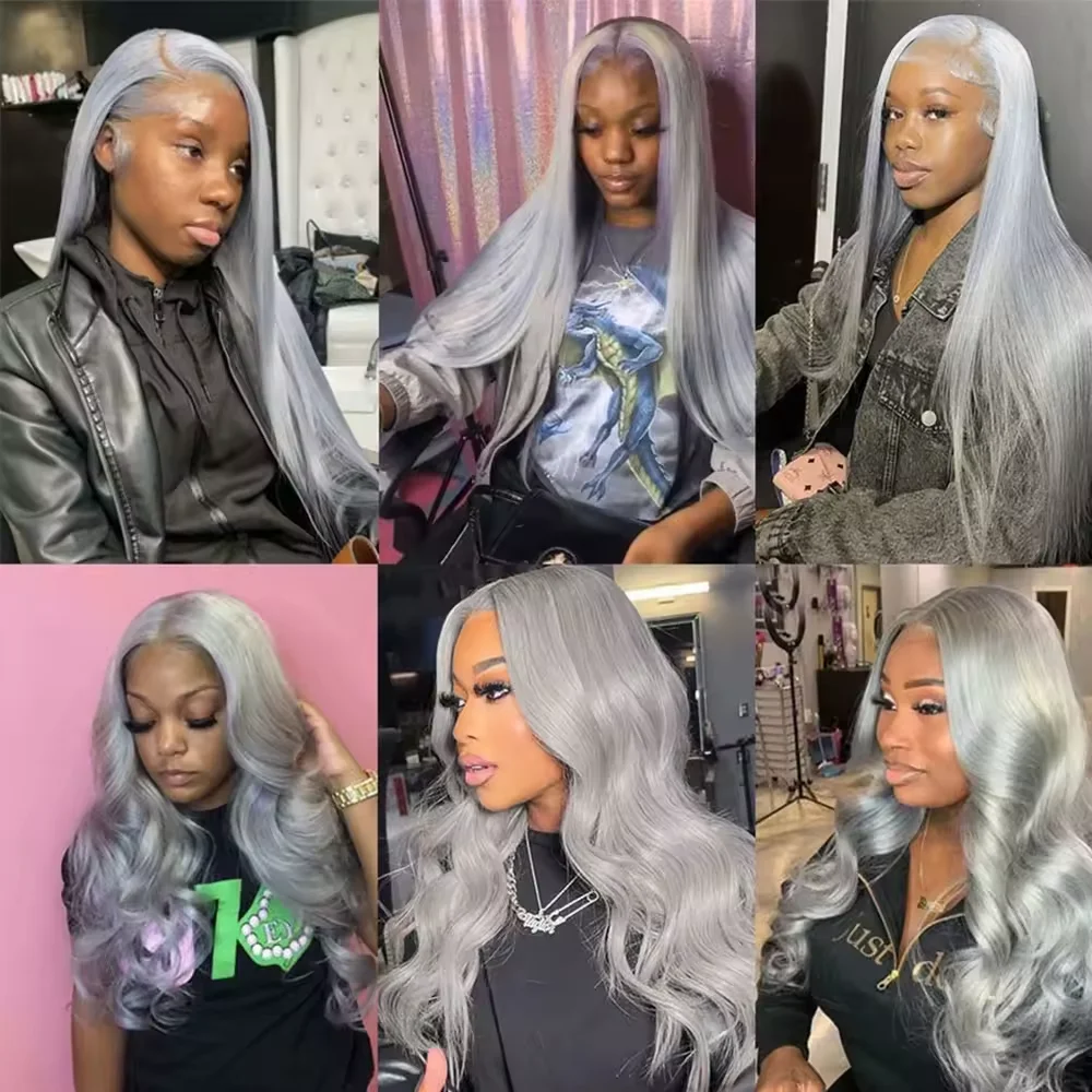 Silver Grey Colored Straight 13x4 Lace Front Wigs For Women Preplucked HD Lace Frontal Wig 250% Density Brazilian Human Hair Wig