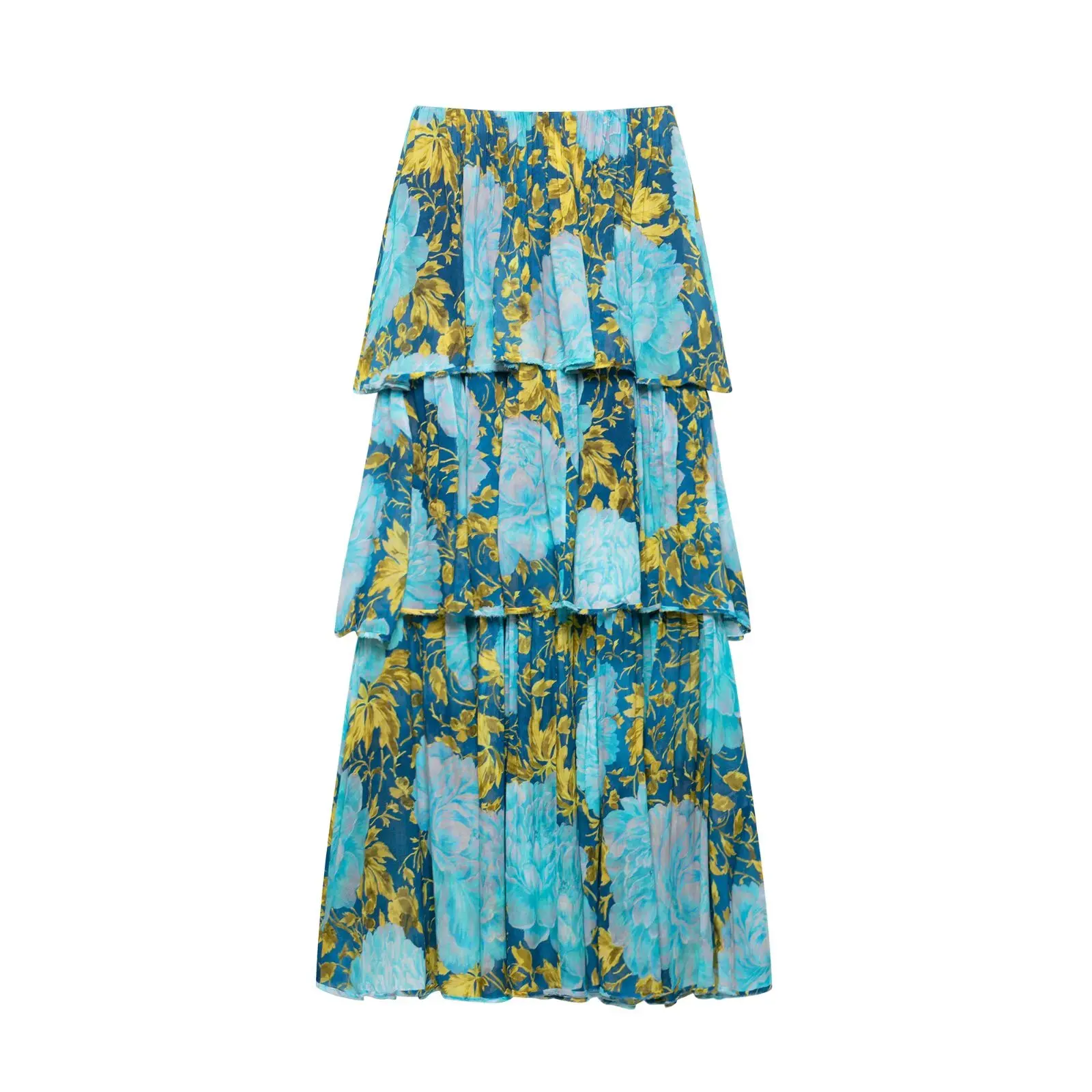 Vestido Longo E de Cintura Alta com Estampa Sexy de Ombro Descoberto, Estilo Vintage, Saia em Camadas, Manga Curta e F...