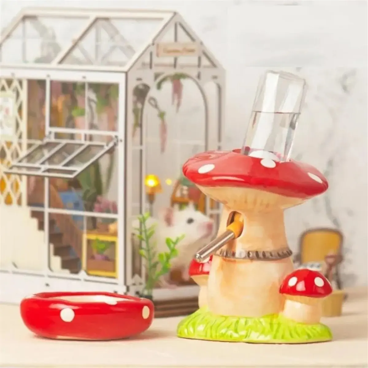 AA83 Mushroom Ceramic Hamster Hideout Water Bottle with Stand Food Bowl Hamster Accessories Furniture Sleephouse A