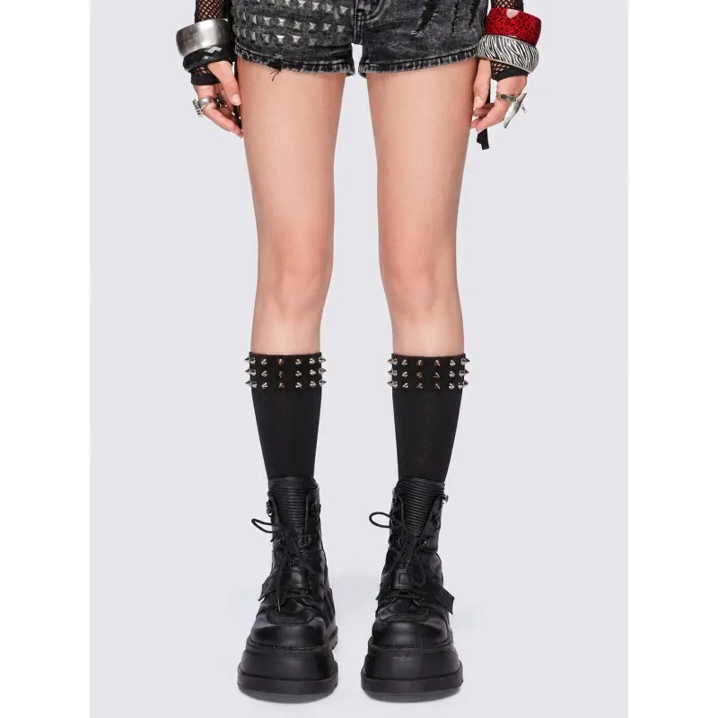 Elastic Black Over Knee Spike Rivet Trim Calf Socks For Women 2026 Summer New Subculture Y2K Fashion Long Tube Hosiery