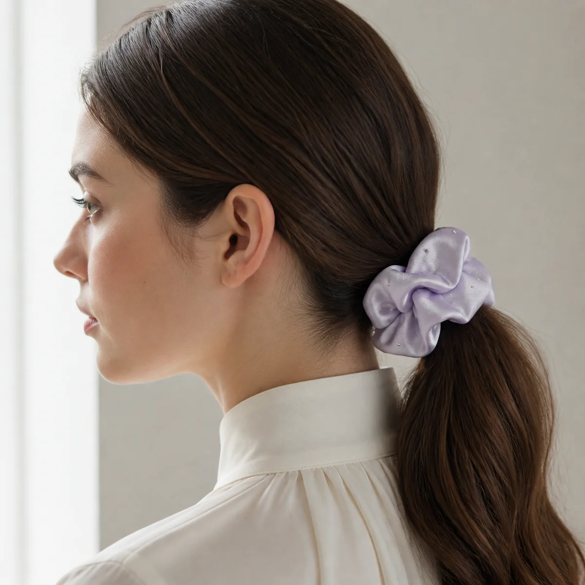 Pale Lavender Silver Accent Satin-Like Single-Layer Hair Scrunchie for Ponytails and Buns