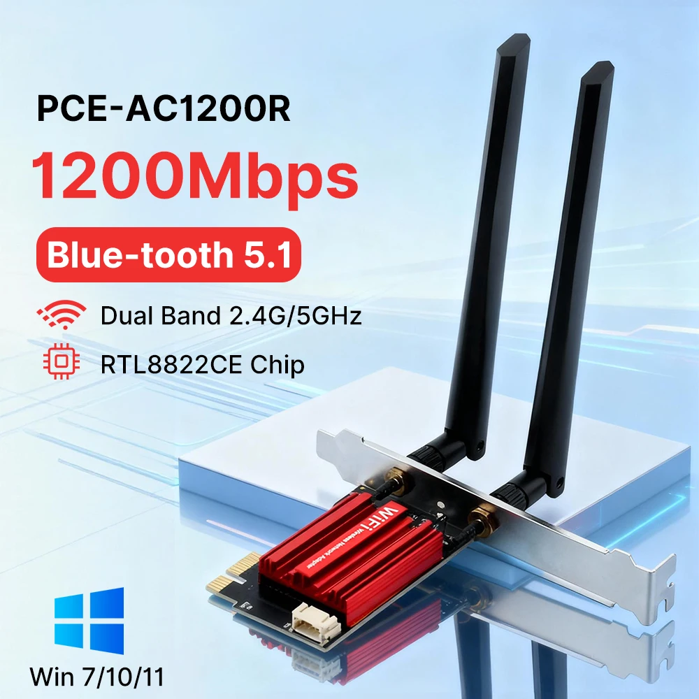 FENVI WiFi 5 AC1200 RTL8822CE PCIE WiFi محول ثنائي النطاق 2.4G/5 جيجا هرتز BT 5.1 802.11AC بطاقة الشبكة اللاسلكية للكمبيوتر ويندوز 10/11