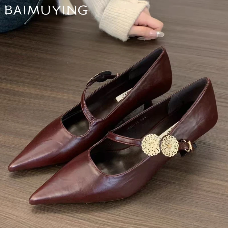 

Женские туфли на каблуке с острым носком, элегантные туфли на среднем каблуке, весенние пикантные туфли-лодочки с пряжкой, 2025 г., дизайнерская мода, Zapatillas Mujer