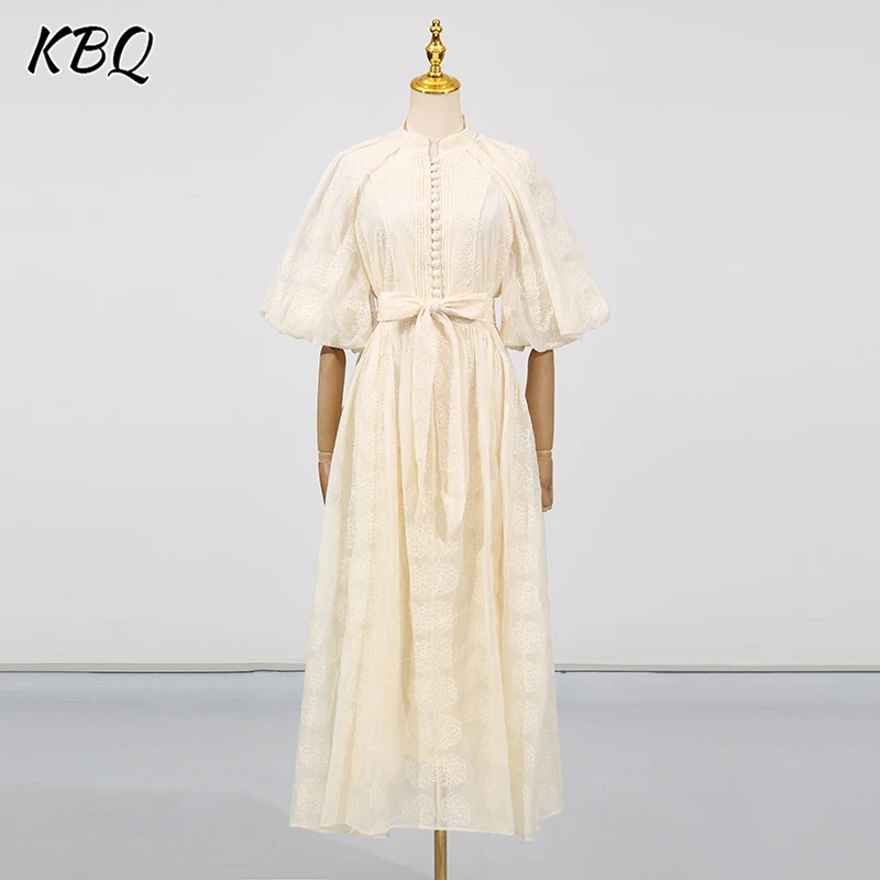 

KBQ Solid Spliced Lace Up Elegant Dresses for Women Round Neck Half Sleees Patchwork Button Temperament Dress Female Clothing