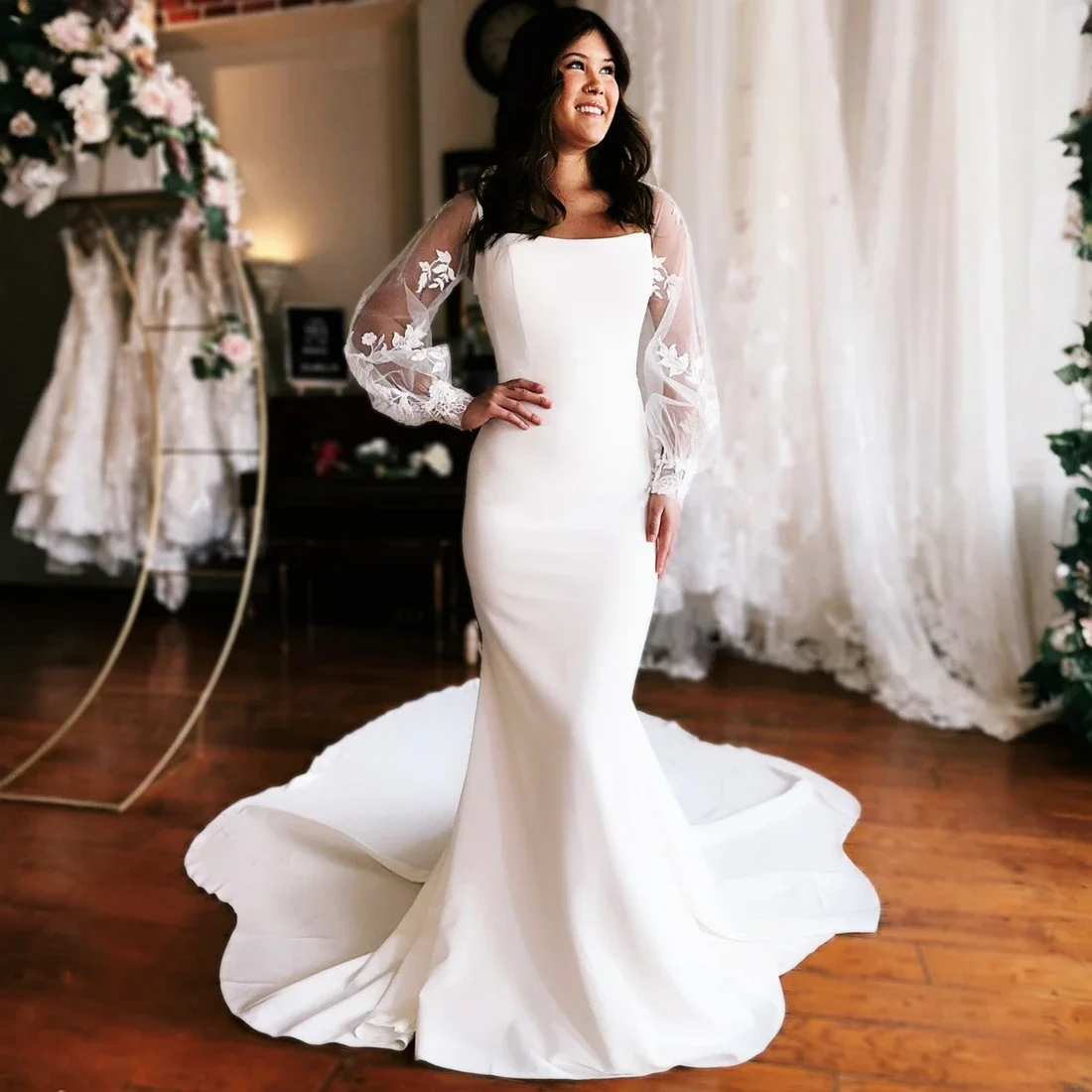 Vestido De novia De sirena De satén con tirantes finos personalizado para novia vestido De novia De manga larga sin espalda