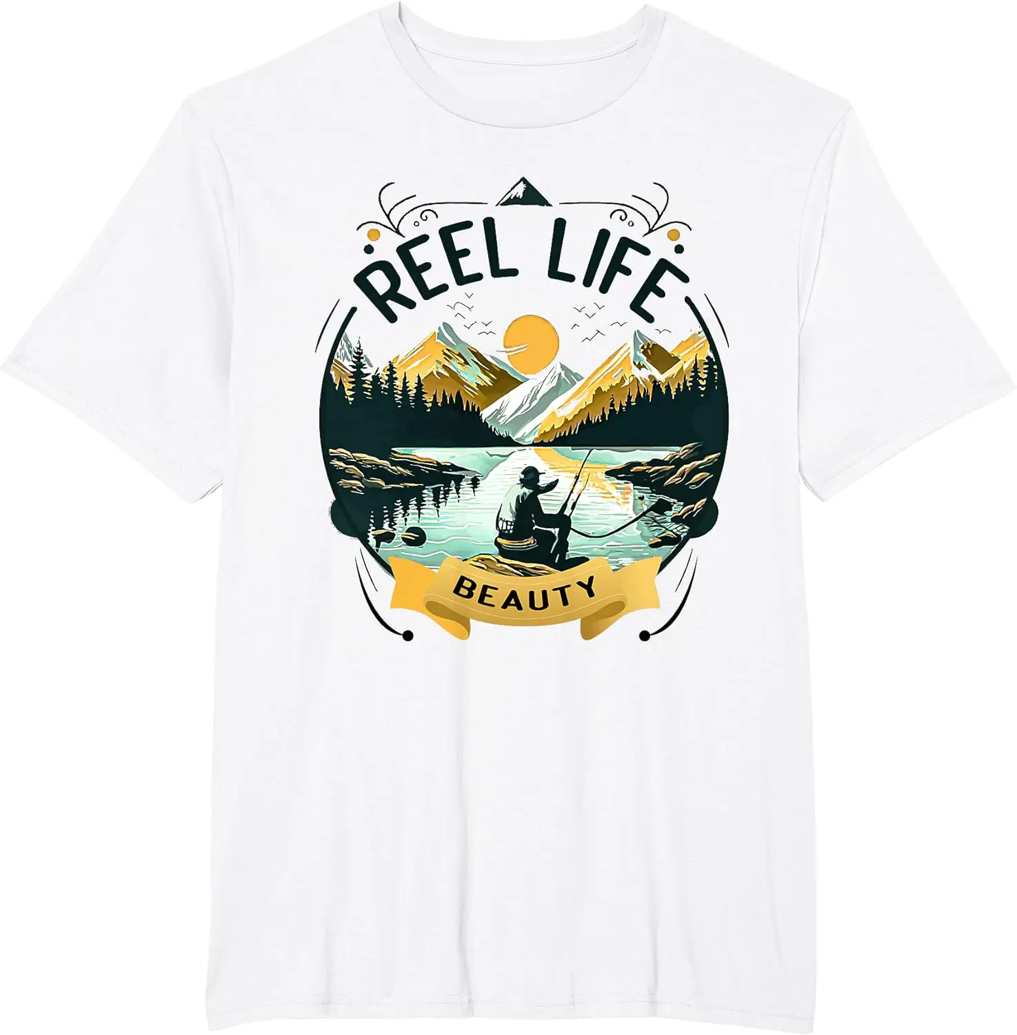 

REEL LIFE BEAUTY Fishing T-Shirt for Men Women Vintage Moutain Cotton Short Sleeve Easy To Wear and Match