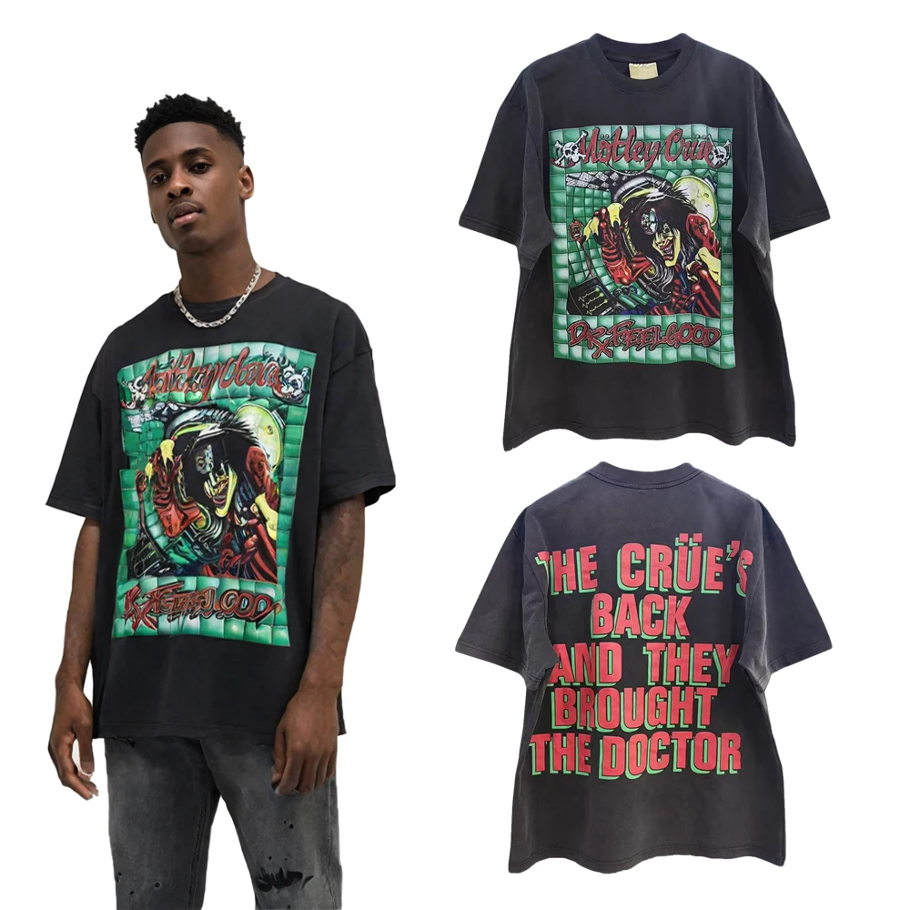 Streetwear Vintage Rock Revival Graphic T Shirts High Street Style Fashion Cotton Casual Retro Distressed Wash Short Sleeve Tees