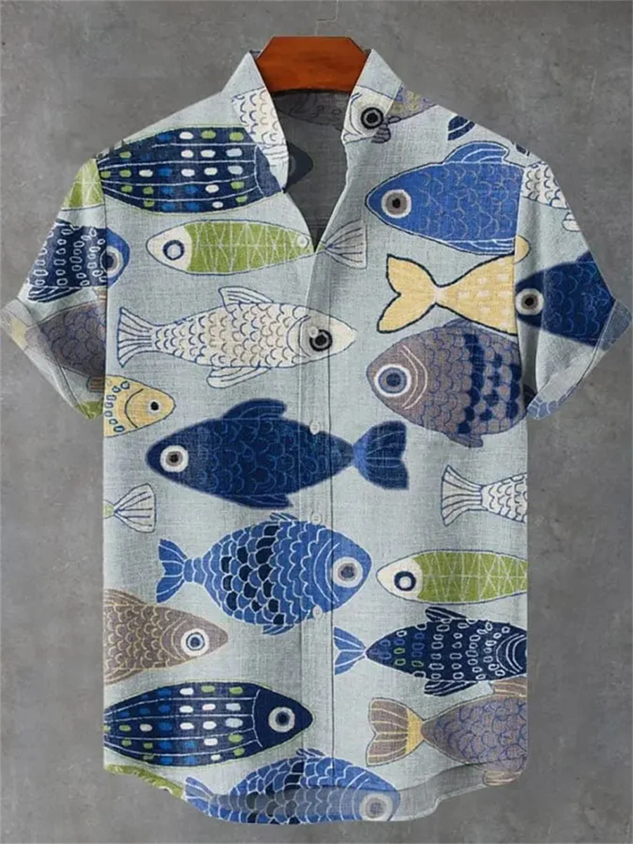 2025 Men's Summer Casual Artistic Fish Pattern Printed Linen Short Sleeve Shirt, Comfortable and Fashionable Button Men's Tops