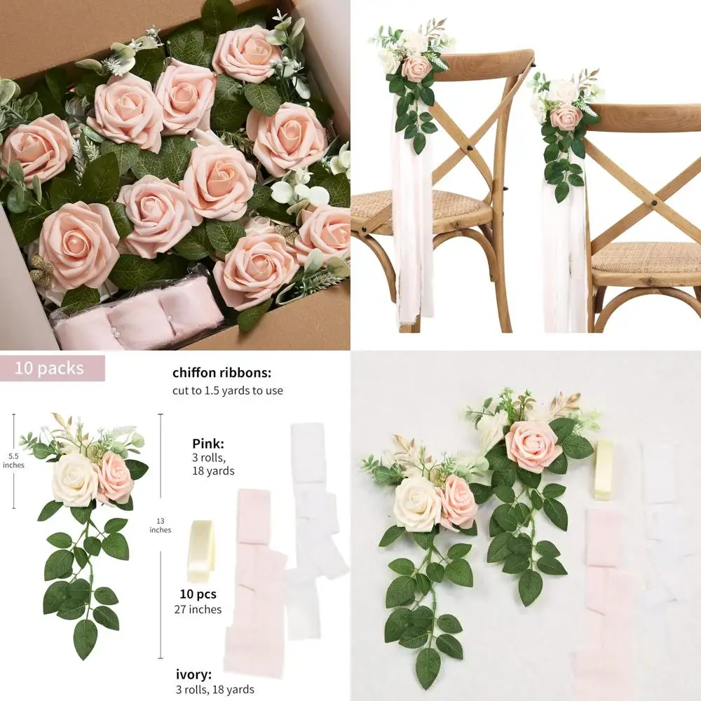 

Набор из 10 розово-кремовых искусственных бантов с розами и эвкалиптом для украшения прохода - 5,5 x 13 дюймов - Традиционный элегантный декор для свадебного прохода