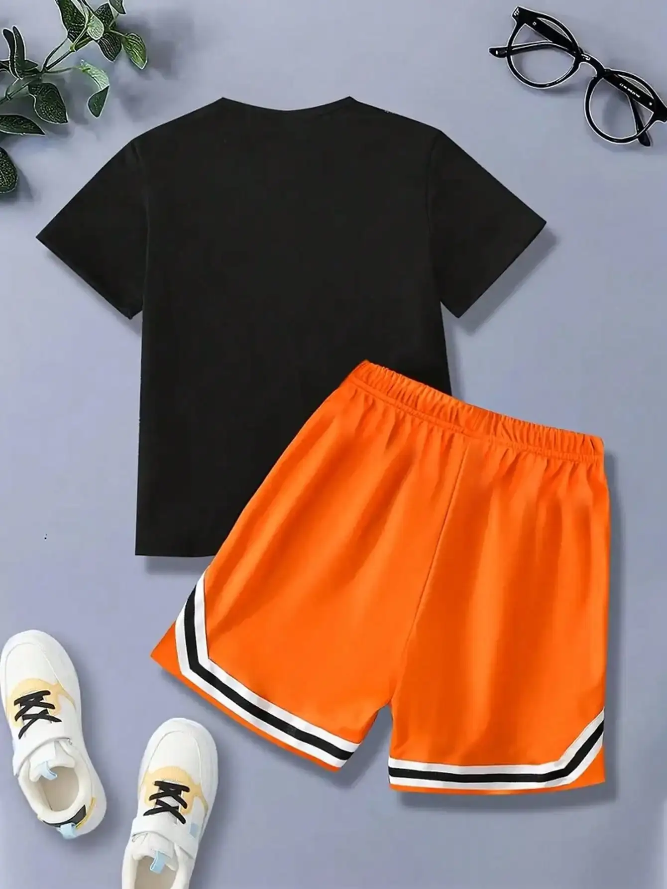 Children's Clothing Set Casual Flame Los Angeles Letter Graphic Printed Short-Sleeved T-Shirt and Elastic Waist Shorts Set