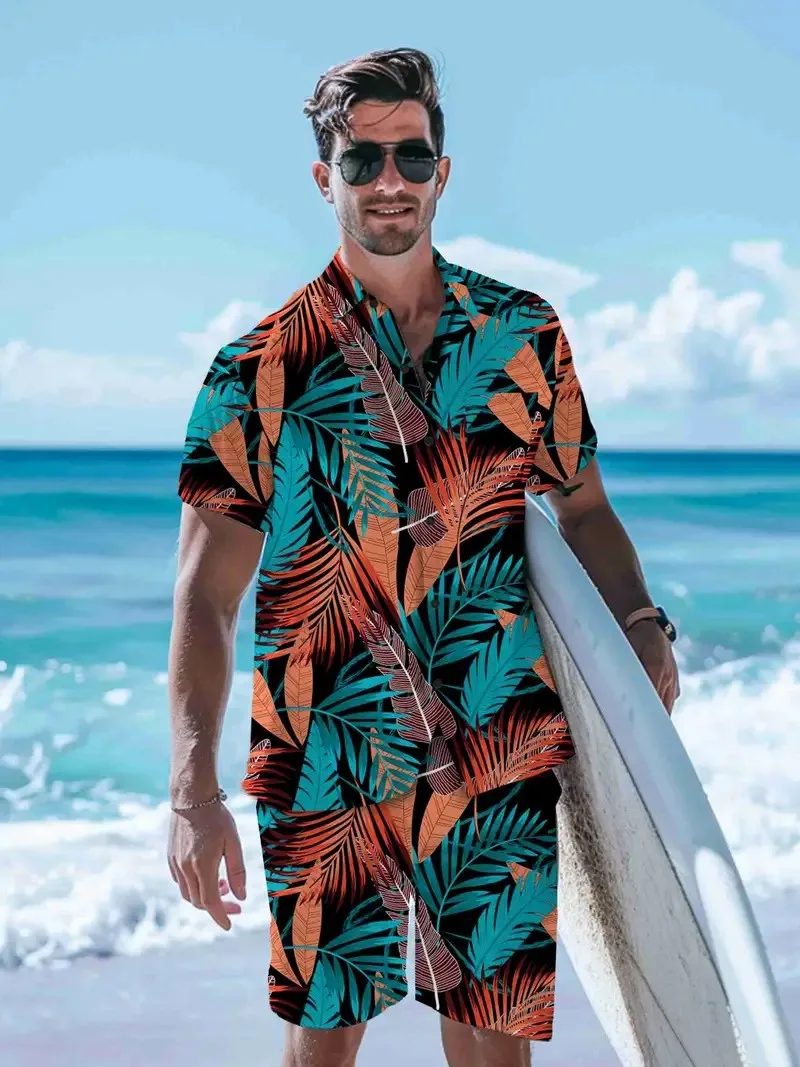 Mens Hawaiian Shirt Set Beer Printed Shirts and Shorts Mens Beach Casual Tops Trendy Printed Lapel Shirts Plus Size Casual Mensw