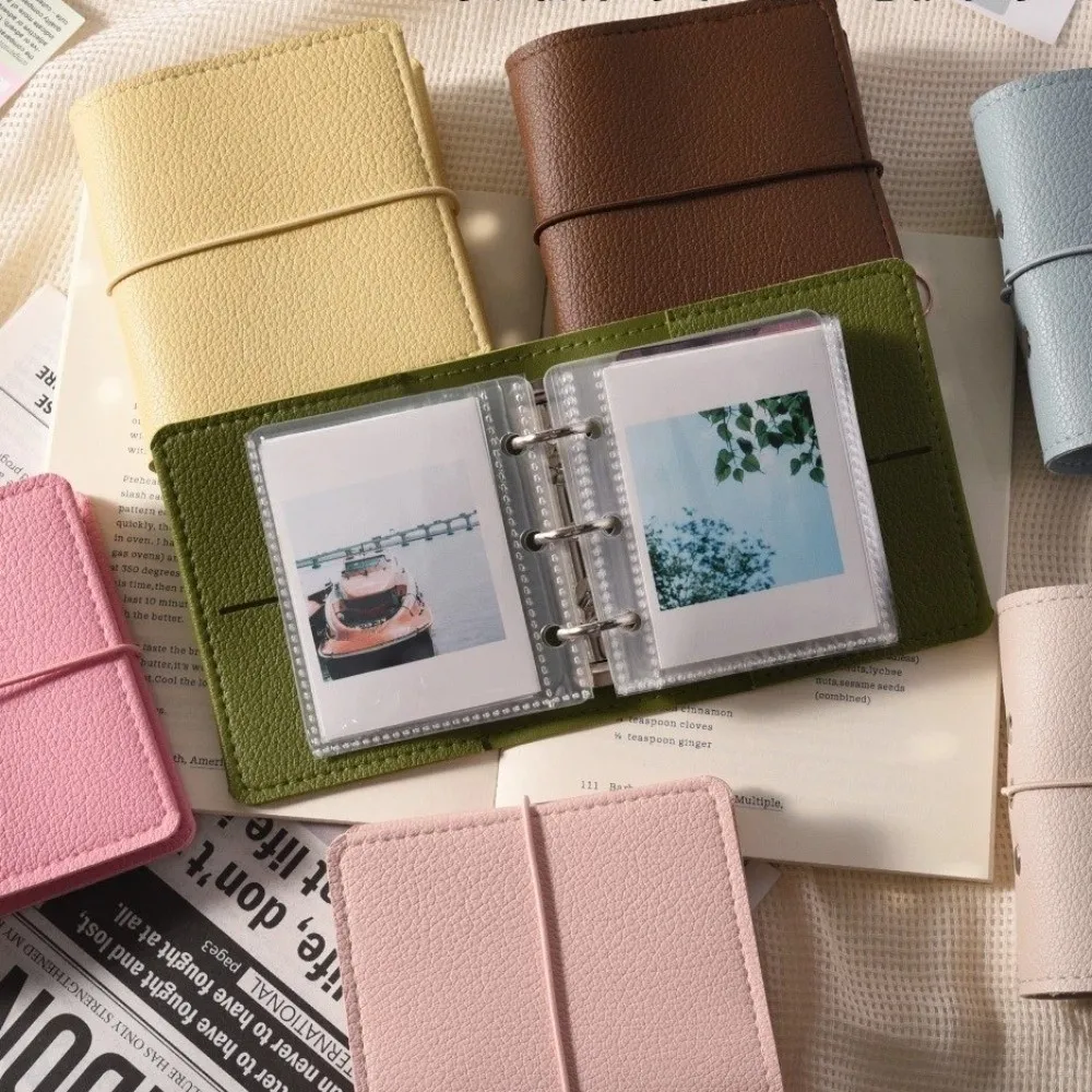 Faux Leather Mini Photo Album Transparent Pages 25 Pages Photo Card Binder with 3-Ring Card Collection Pocket Photo Album