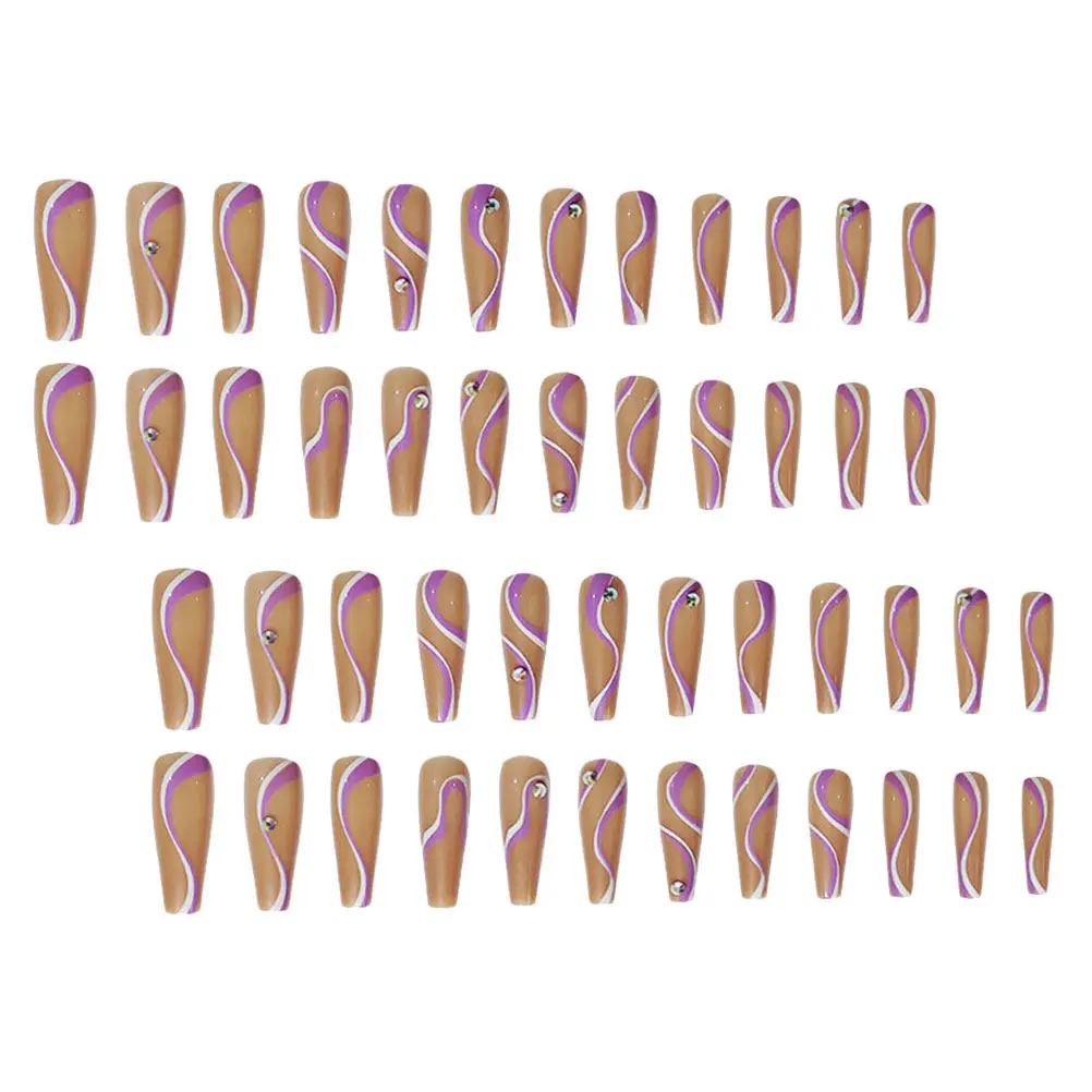 48Pcs Flat Trapezoidal False Nails Long Full Cover Fake Nail Tips Bright Color Elegant Design for Nail Art Salon DIY Home Use