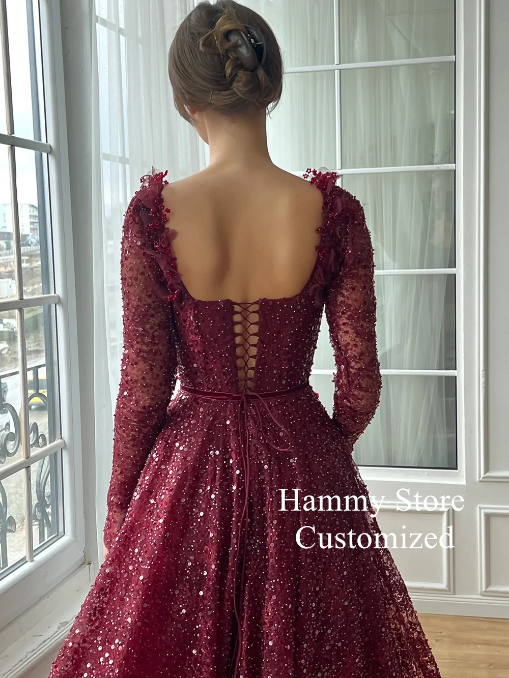 Woman Evening Dress Customized Square Neck Long Sleeves Beading Sequined Velour Belt A Line Sweep Train Prom Party Gown image 4