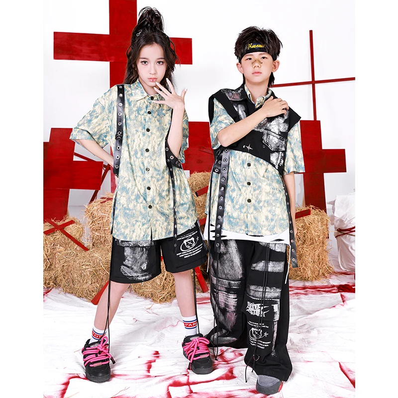 Kinder Hip Hop Dance Kostüm Jungen Street Dance Kleidung Kurzarm Hemd Hiphop Hosen Mädchen Konzert Laufsteg Show Outfits L15487
