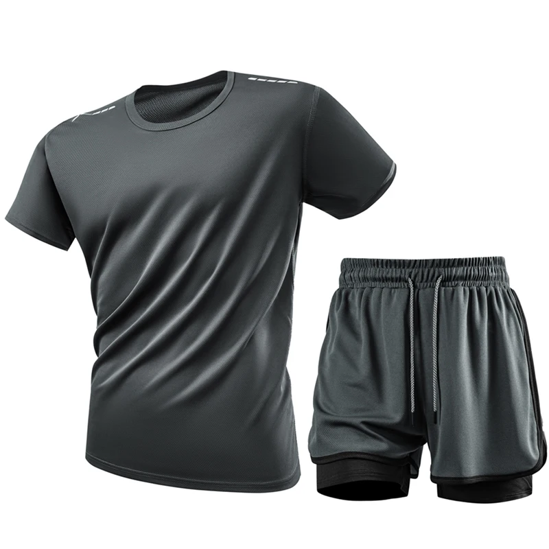Men's Running Sets Breathable Quick Drying T-Shirt Joggers Shorts Set Soft Elasticity Gym Fitness Suits Outdoor Sports Tracksuit