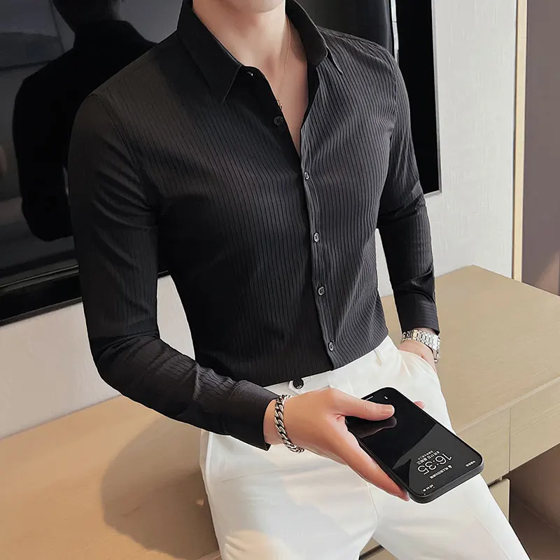 2022 Autumn New Fashion Dark Striped Stretch Shirts Men\'s Long Sleeve Slim Fit Business Dress Shirts Homme Social  Club Outfits