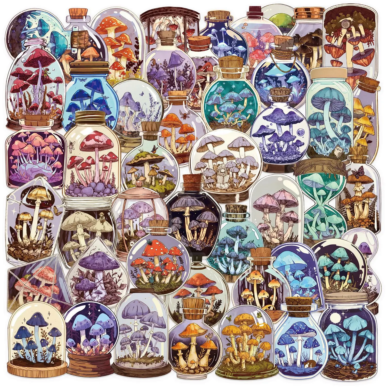 Paquete de pegatinas de botella de seta Retro de dibujos animados de PET transparente, pegatinas decorativas impermeables para cuaderno de guitarra, 50/100 Uds.