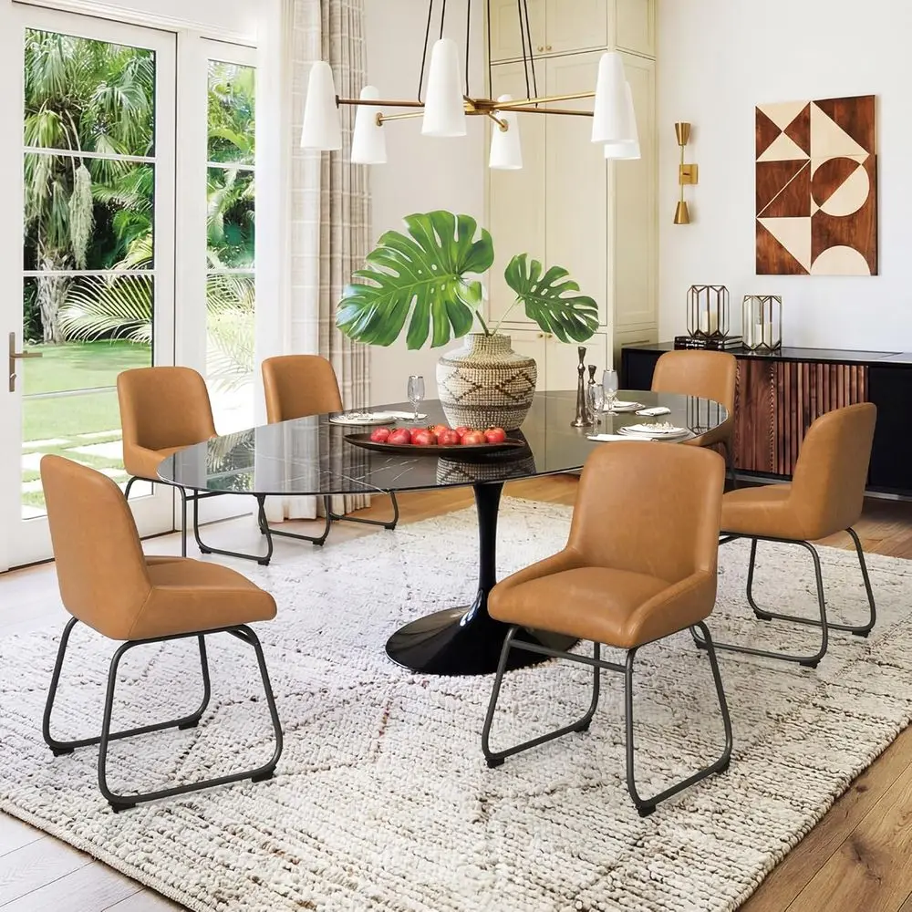 

6 Comfortable Dining Chairs with Padded Backs and Thick Metal Legs in Brown PU Leather