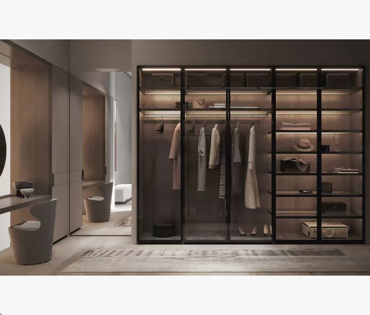 Modern Luxury Durable Hanging Glass Door Walk-in Closet Customization Wardrobes for Bedrooms Apartments and Hotels