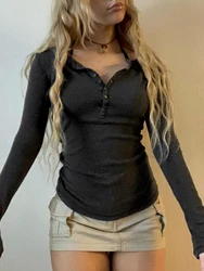 Women Fairy Tops Grunge Clothes Y2k V Neck Button Up Shirt Long Sleeve 2000s Vintage Aesthetic Blouse Button Streetwear