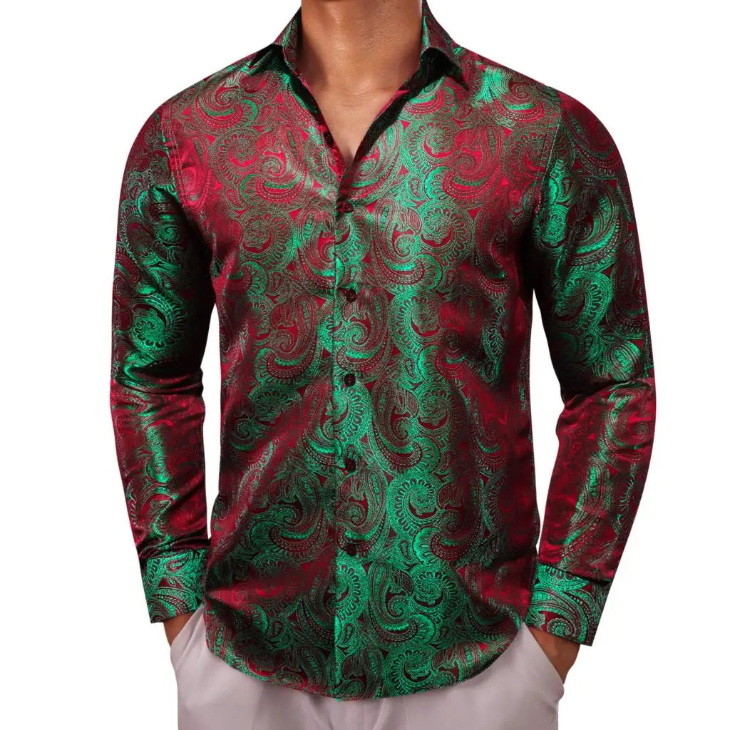 Designer Shirts for Men Silk Long Sleeve Green Red Paisley Slim Fit Male Blouses Casual Tops Breathable Streetwear Barry Wang