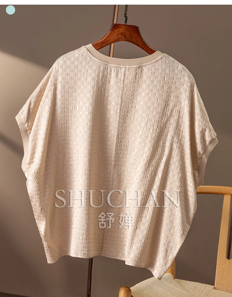 natural silk cabinet bubble crepe round neck bat sleeve shirt T-shirt women 22B2 thin summer blouse loose