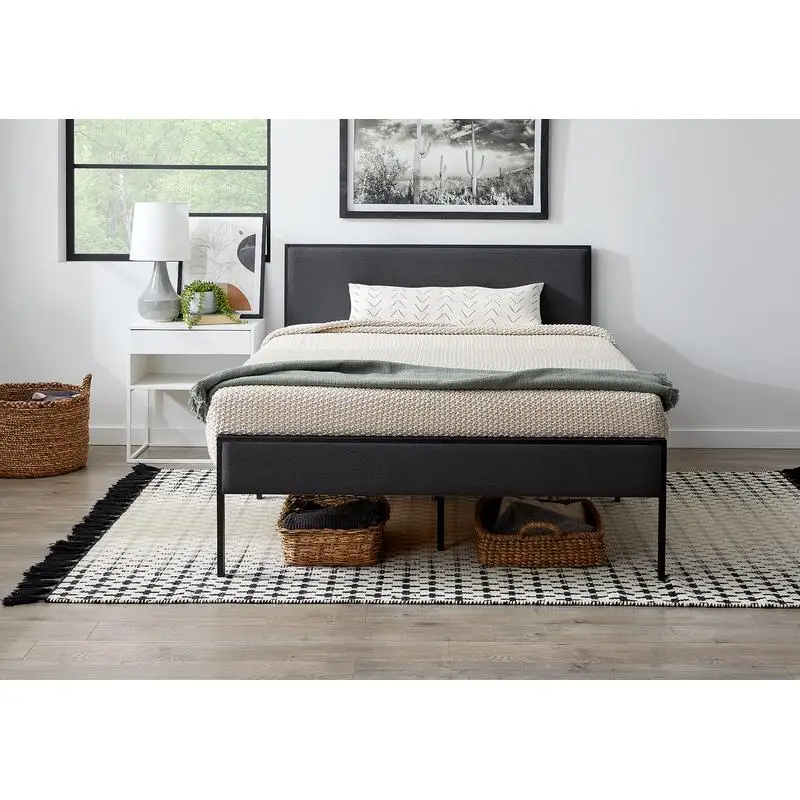 Charcoal King Platform Bed Frame with Upholstered Headboard - Stylish Metal Frame for Modern Bedrooms