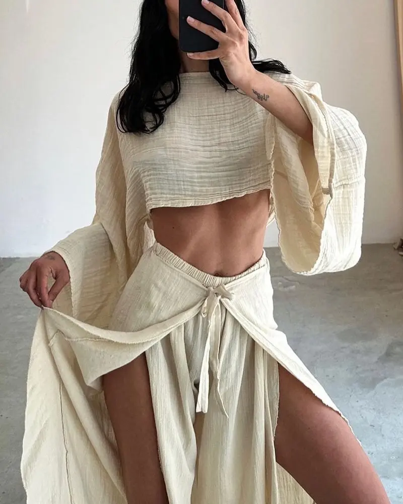 Flare Sleeve Loose Crop Top + Slit Wide Leg Pant Set 2pc Casual Solid Elastic Wasist Trouser Tees Vacation Beach Women Outfits