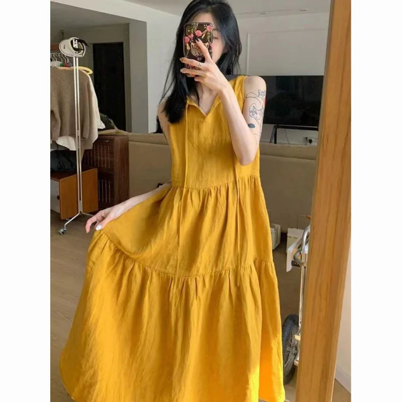 

Summer Cotton Linen Solid Color Sleeveless Women Dress Vintage Elegant Loose Beach Holiday Style Aesthetic Long Dresses Vestidos