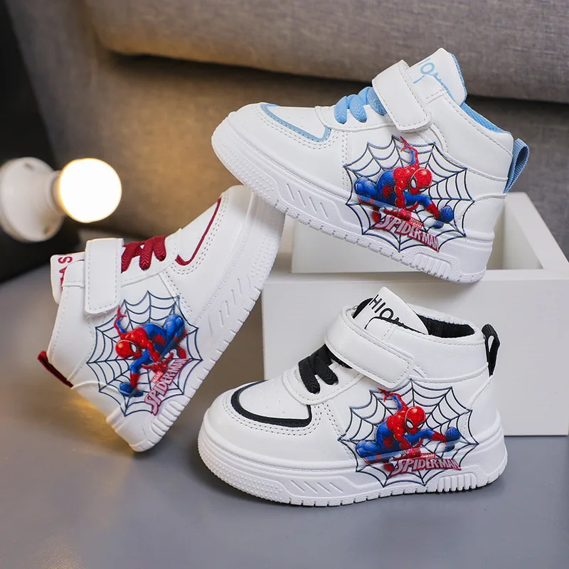 

Disney Spiderman Kids' Casual Shoes Sneakers PU Leather High-top Winter Shoes For Boys Velcro Anti-slip Thick White Red Shoes
