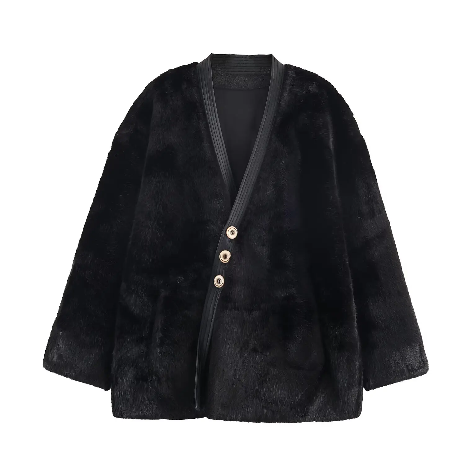 JNLEAOG Women's Faux Fur Jaet Tee-Button Patchwork Leather V-Ne Long Sve Polyester Fiber Coat for Autumn Season