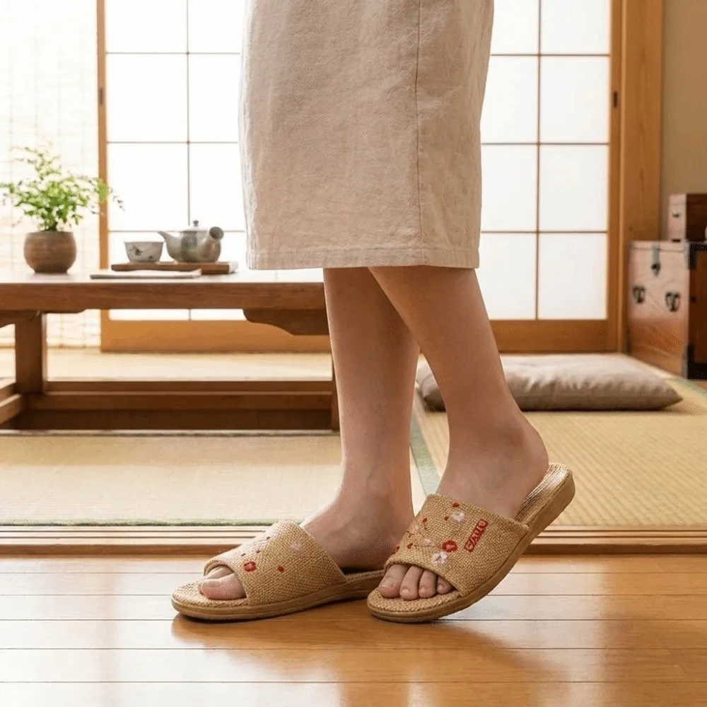 Embroidery Flower Bamboo Indoor Slippers Linen Soft Bottom Plum Blossom Slippers Sweat Absorption Sandals Women Men Slippers